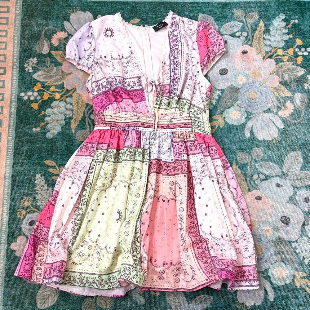 VICI Spring Days Abstract Colorblock Mini Dress Pink Patchwork Ruffle Medium m - Picture 9 of 16